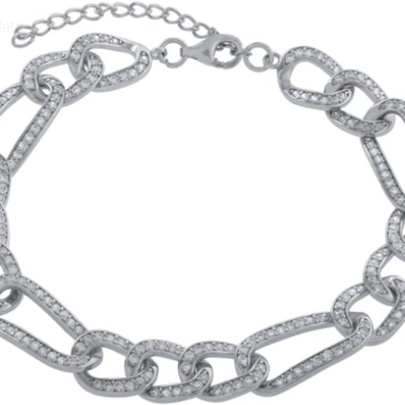 .925 Sterling Silver Curb Bracelet with Cubic Zirconia Links - NWT - Picture 4 of 4